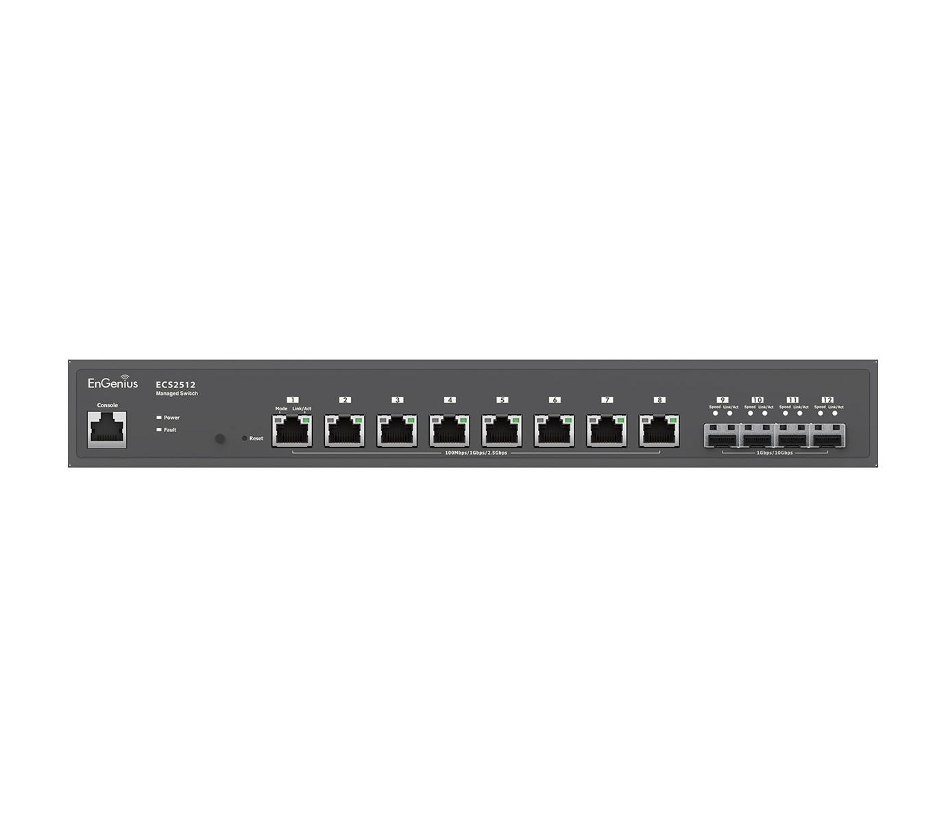Uno switch di rete grigio con 12 porte, porta console, pulsante di reset e LED.