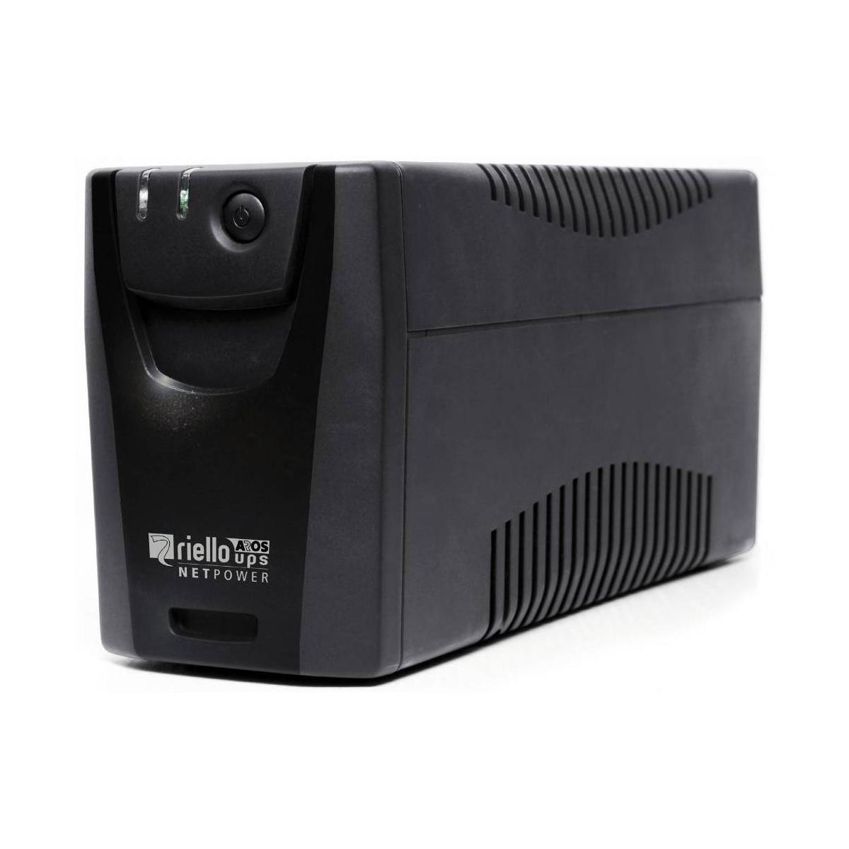 Dispositivo UPS Riello Netpower negro con rejillas y botón.