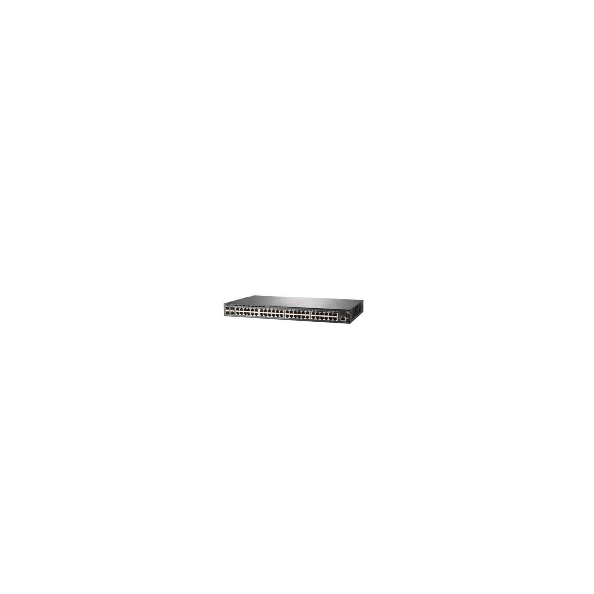 Uno switch di rete grigio con molte porte sul davanti.