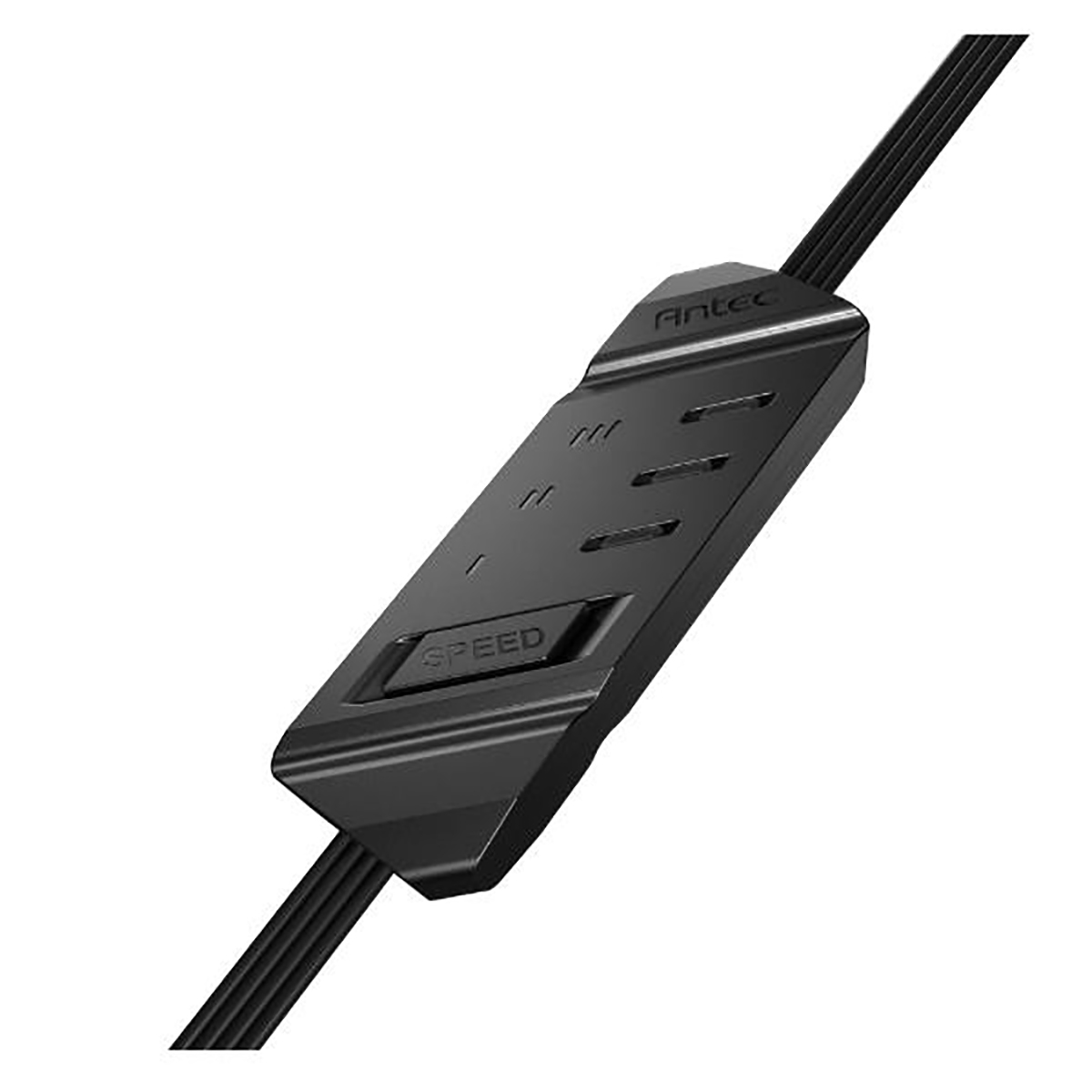 Controlador de ventilador Antec negro con tres cables y botón 'SPEED'.