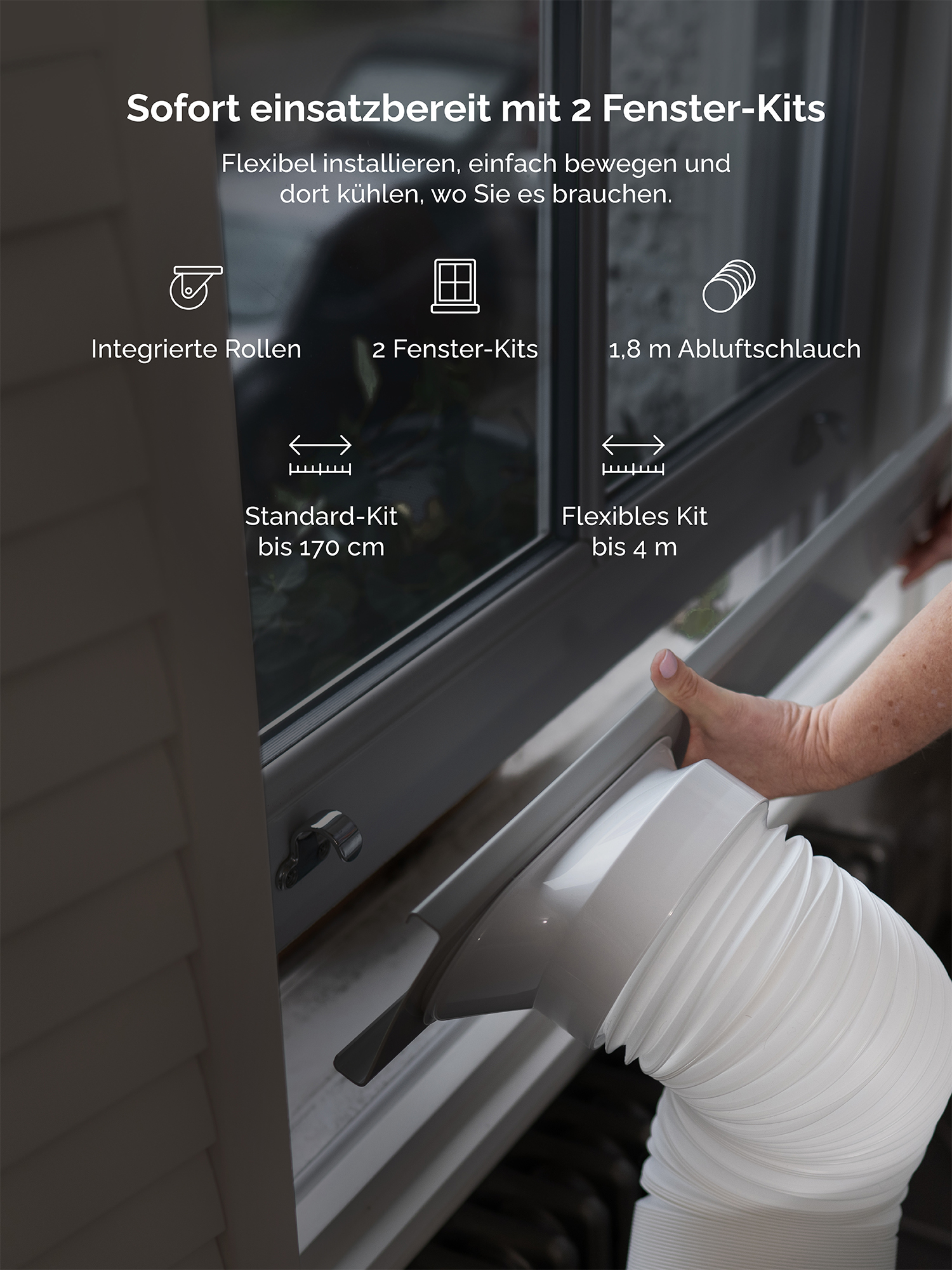 Mobile Klimaanlage mit Zubehör: Rollen, 2 Fenster-Kits, 1,8m Schlauch.
