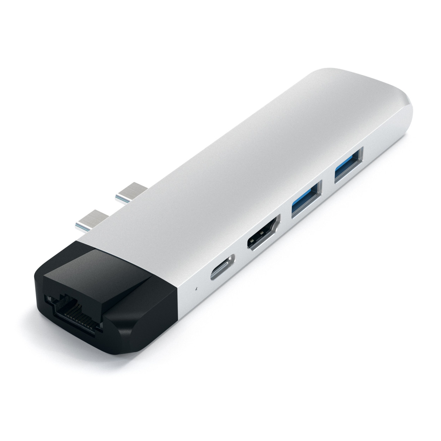 Ein silberner USB-C-Hub mit Ethernet-Anschluss, HDMI und USB-Anschlüssen.