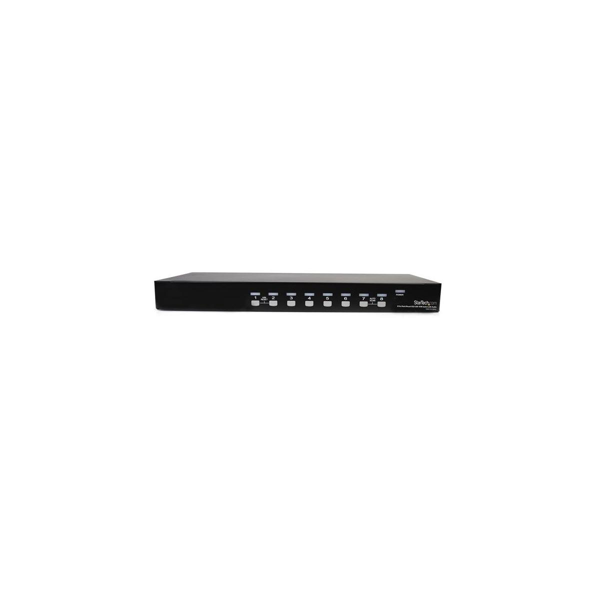 Un dispositivo switch nero a 8 porte con pulsanti e LED frontali.