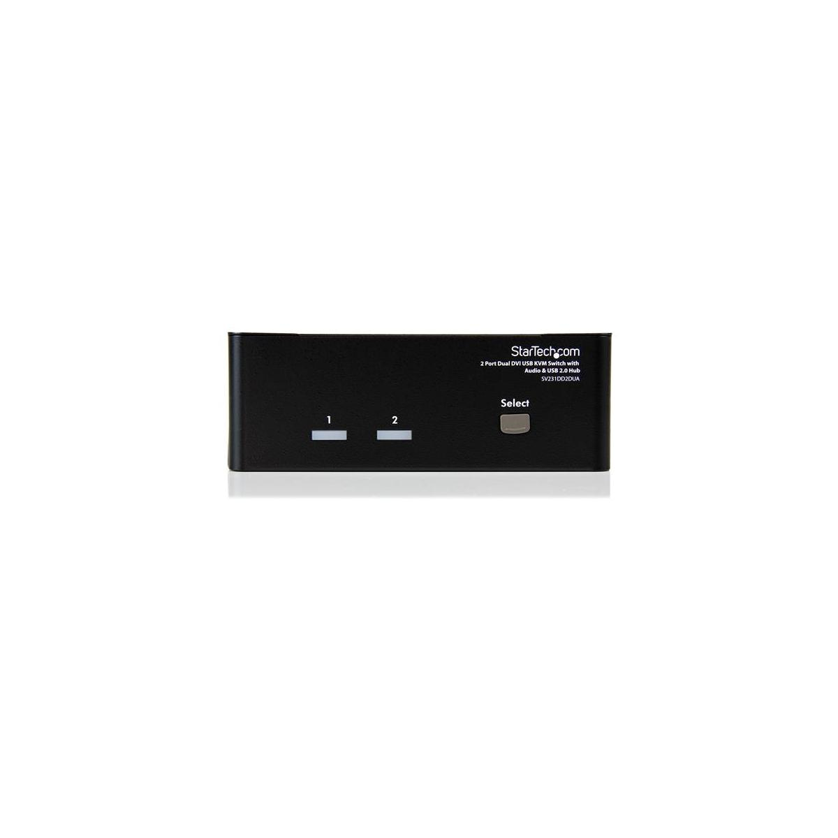 Schwarzer KVM-Switch mit Beschriftungen 1, 2 und Select.