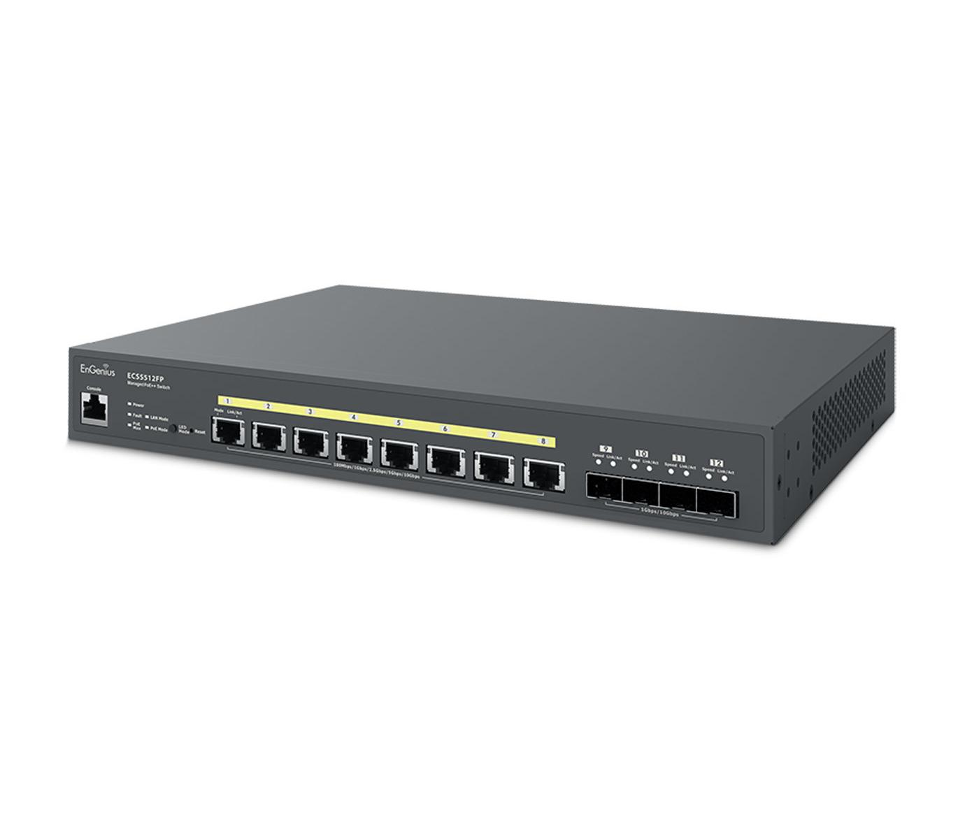 Uno switch gestito EnGenius ECS5512FP grigio con 12 porte, prese e LED.