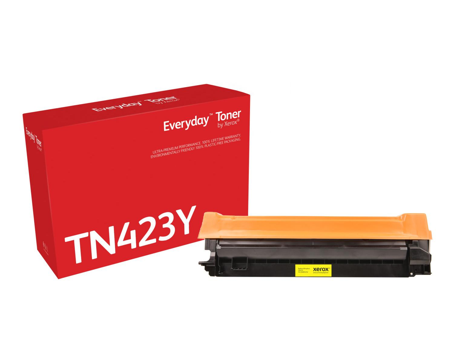 Una scatola rossa etichettata TN423Y e una cartuccia toner Xerox gialla.
