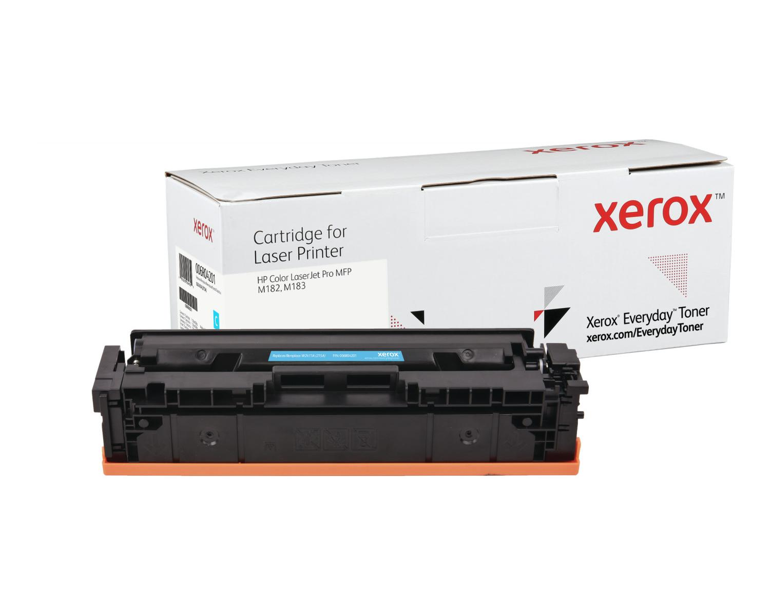 Toner do drukarki laserowej Xerox przed białym pudełkiem z logo Xerox.