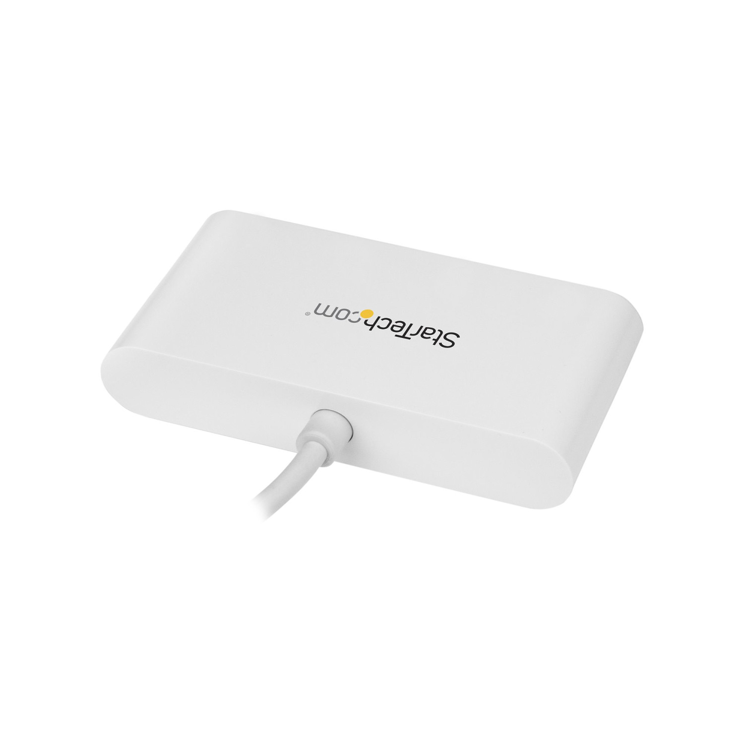 Weißer StarTech.com Adapter mit einem grauen Kabel, das links hervorkommt.