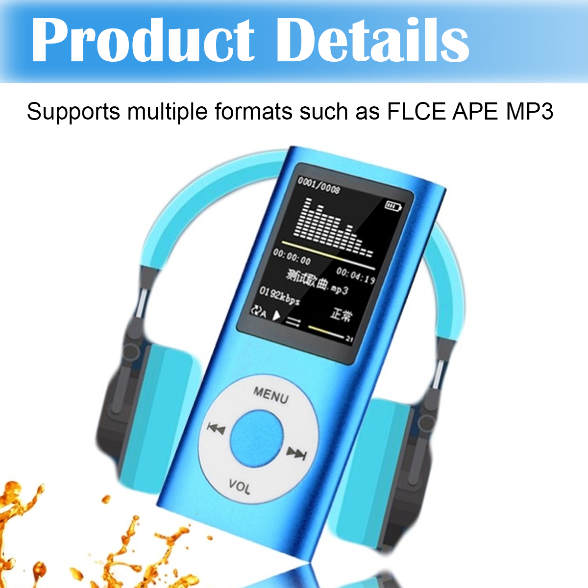 Blauer MP3-Player mit Kopfhörern und Songinformationen auf dem Bildschirm.