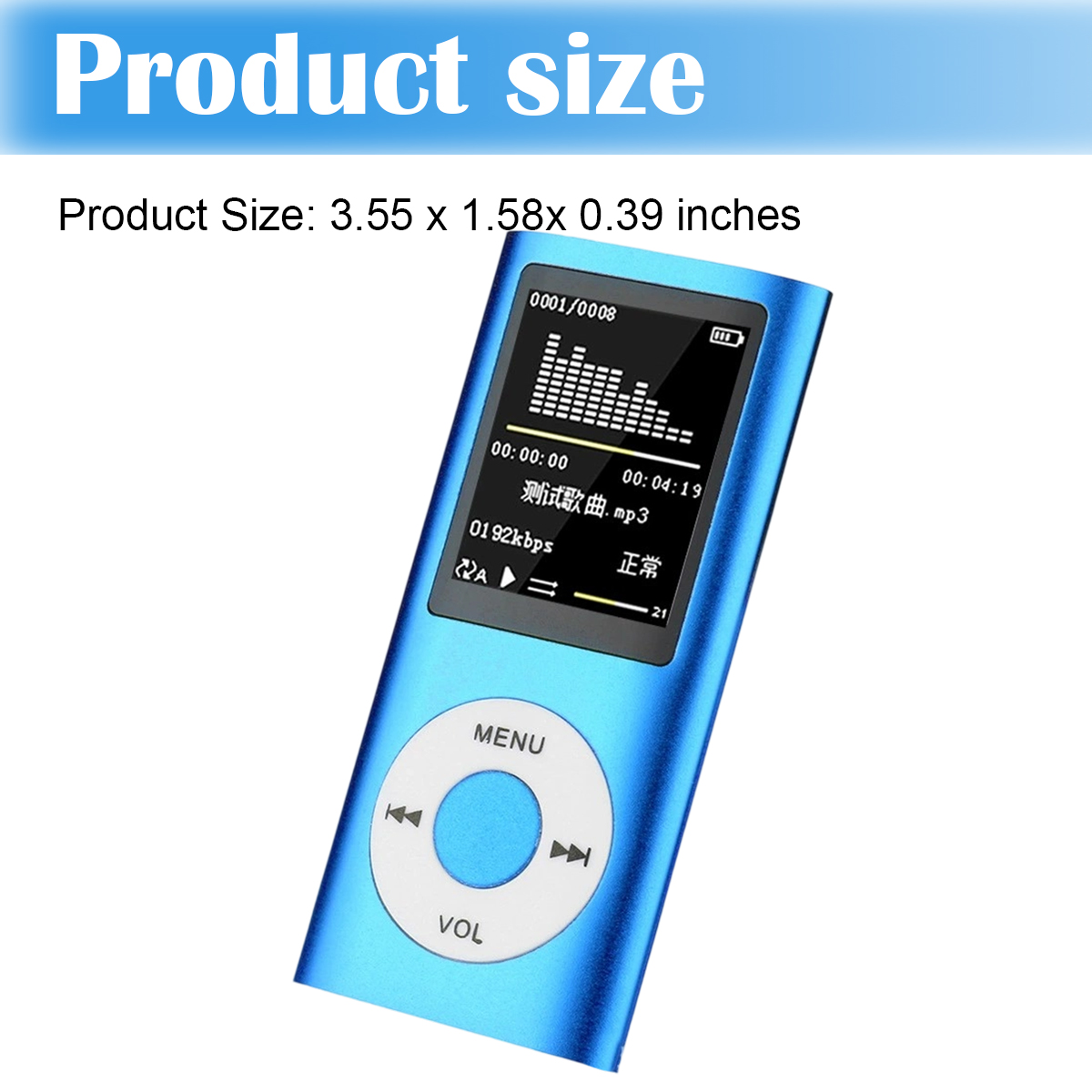 Ein blauer MP3-Player mit einem Bildschirm, der eine Musikwelle und Songdetails zeigt.