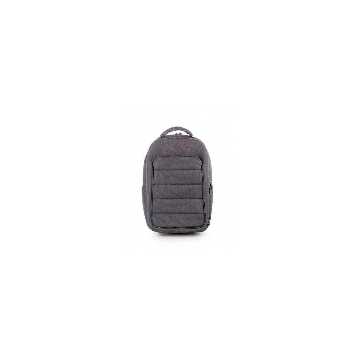 Grauer Rucksack mit horizontalen Nähten und Tragegriff, auf weißem Hintergrund.