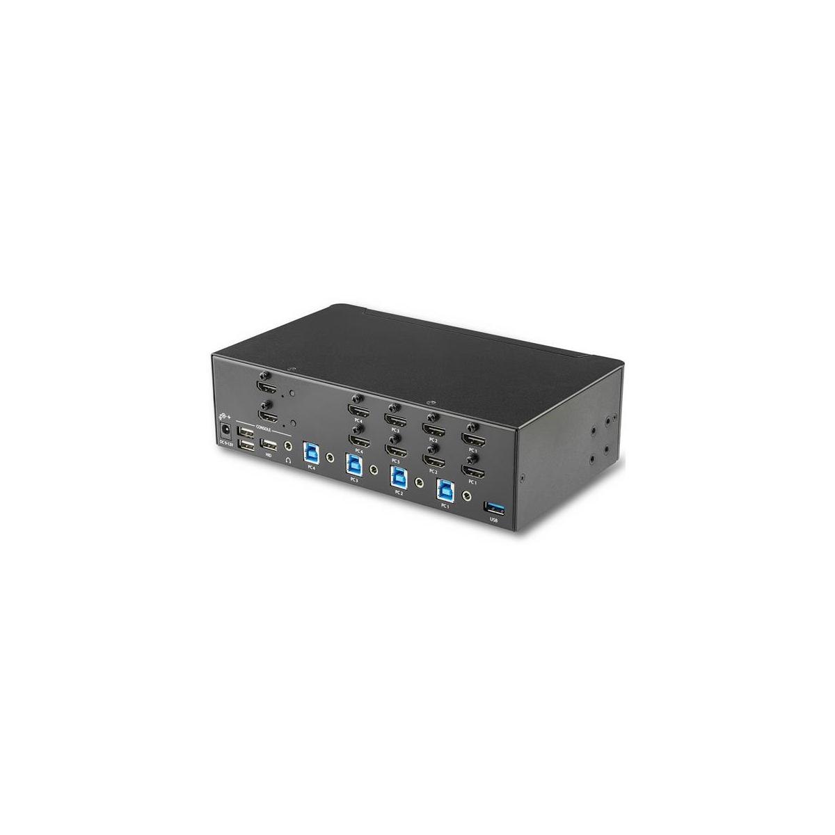 Schwarzer 4-Port-KVM-Switch mit Anschlüssen für PCs, USB und Konsole.