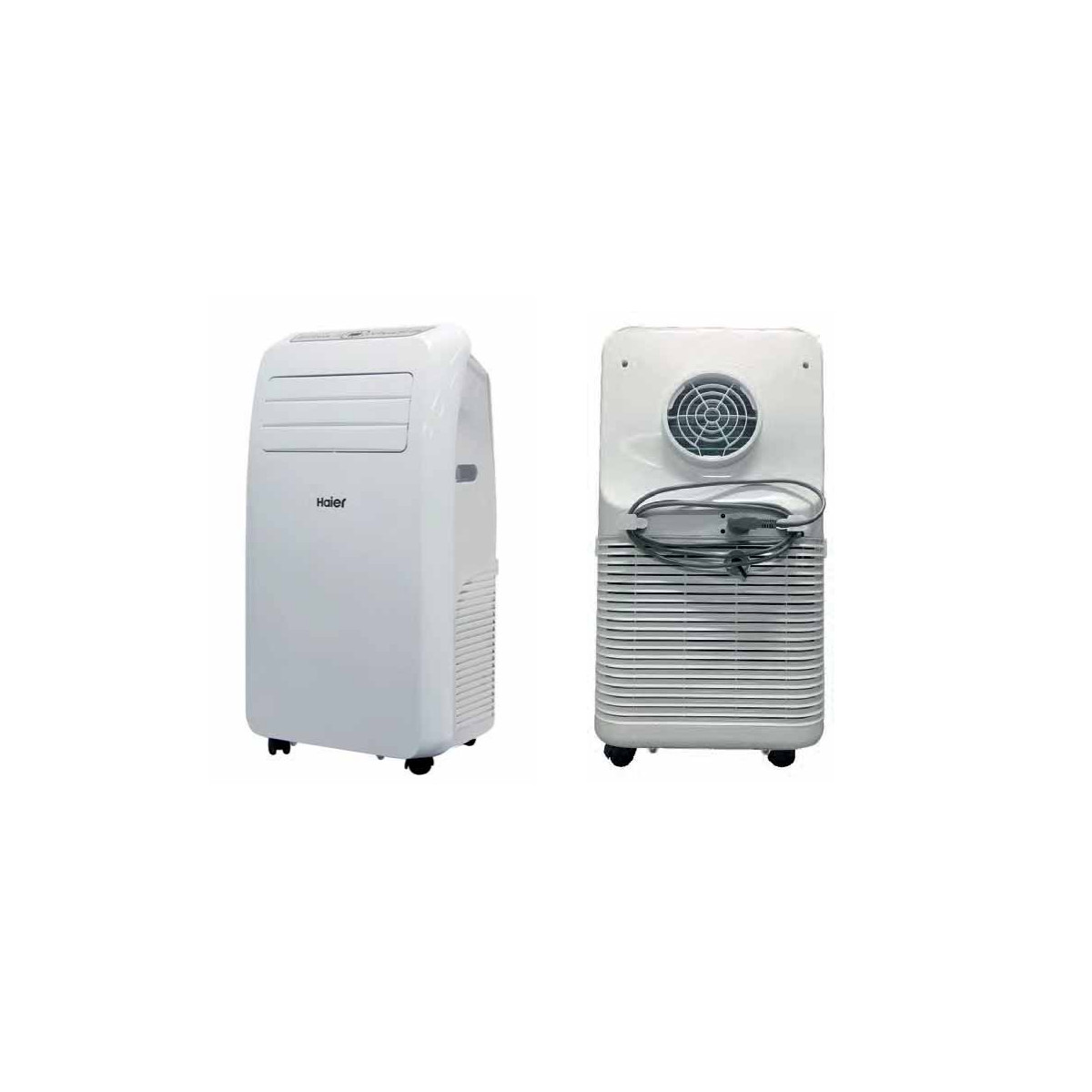 Twee witte Haier draagbare airconditioners naast elkaar. Vooraanzicht links, achteraanzicht rechts.