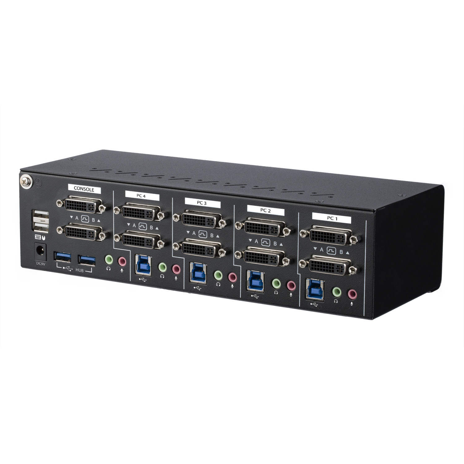 Uno switch KVM nero a 4 porte con porte DVI, USB e audio.