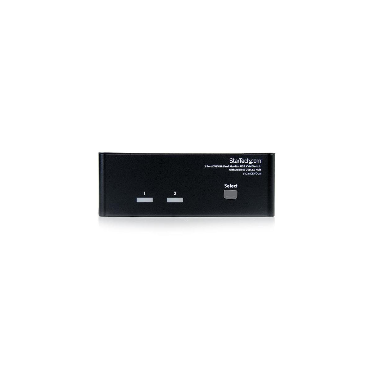 Zwarte KVM-switch met twee knoppen en labels.