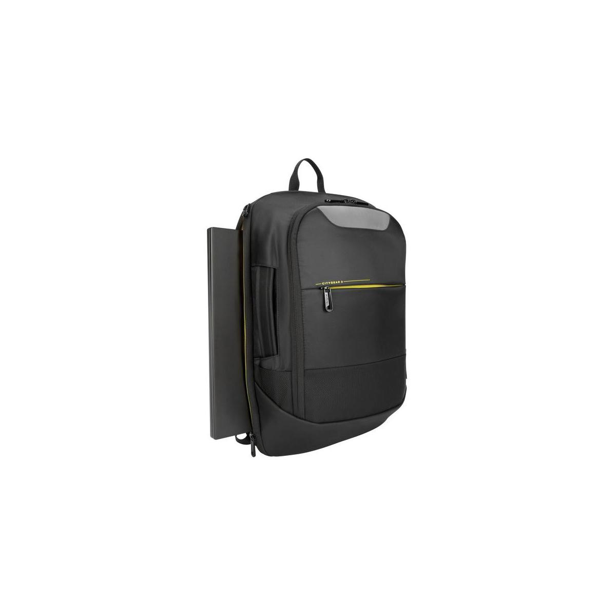 Zaino nero con scomparto per laptop, accenti gialli, sfondo bianco.
