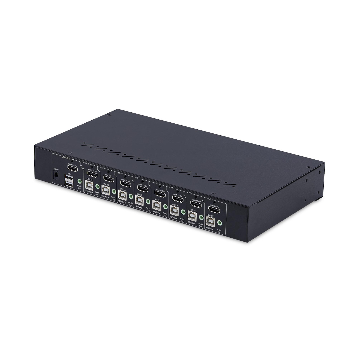 Switch KVM HDMI nero a 8 porte con porte USB e uscite audio frontali.