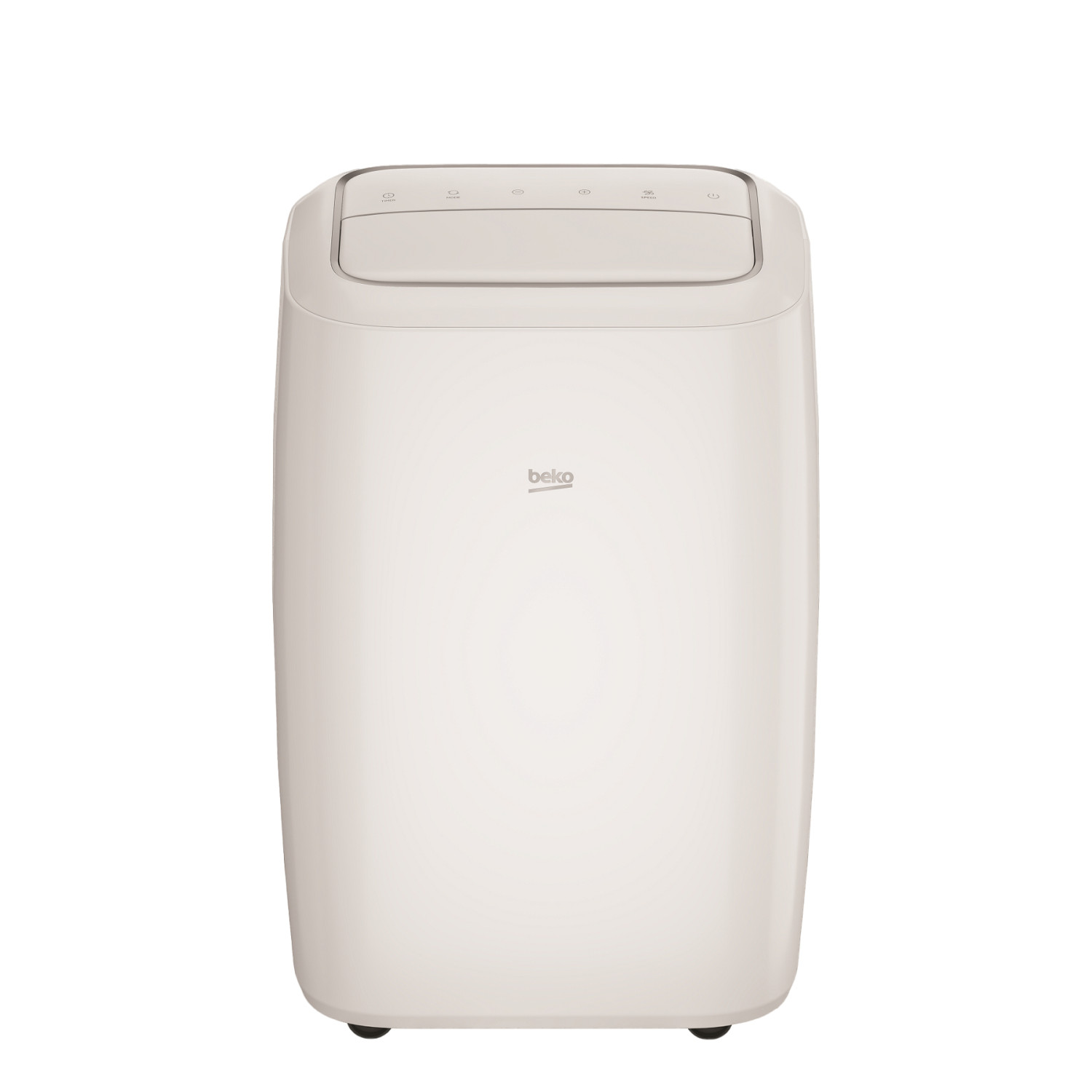 Un condizionatore d'aria Beko bianco poggia su piccole ruote.