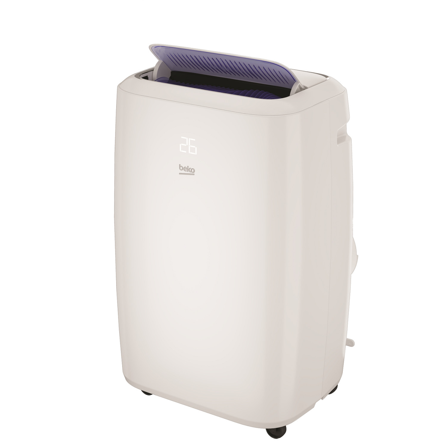 Condizionatore Beko bianco con display digitale e sfiato superiore aperto.