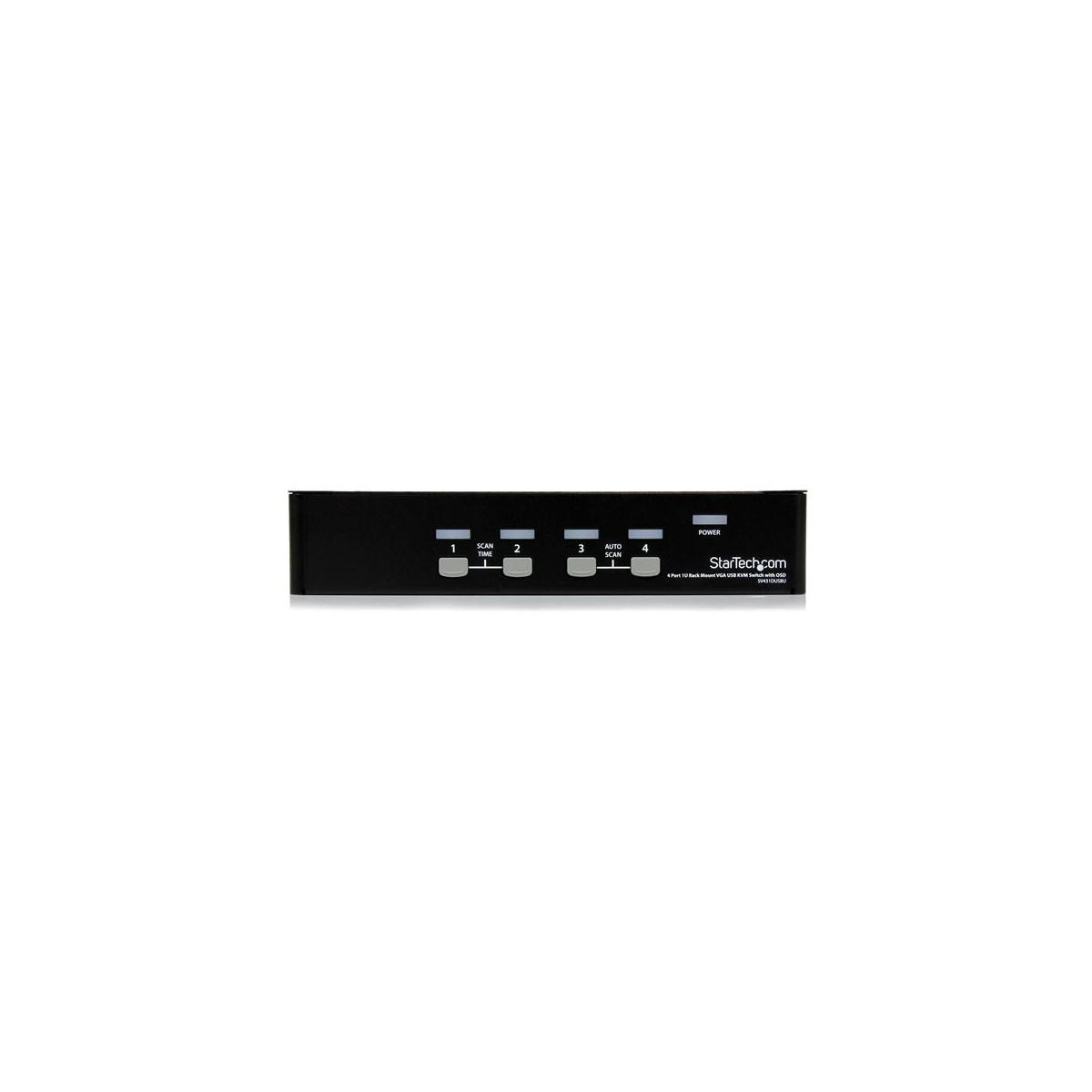 Schwarzes KVM-Switch-Gehäuse mit 4 Tasten und LED-Anzeigen.