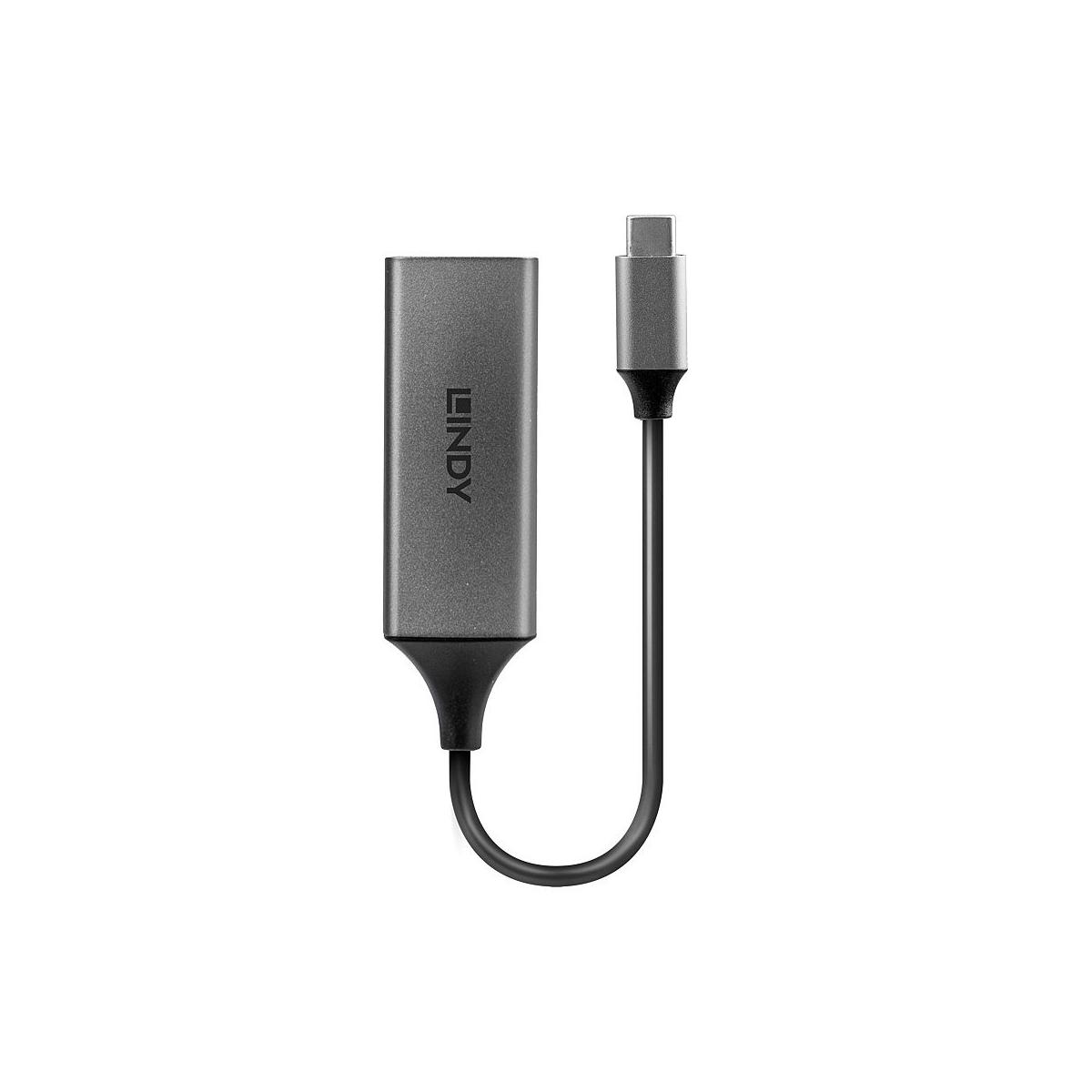 Adaptador Lindy gris con conector USB-C sobre fondo blanco.