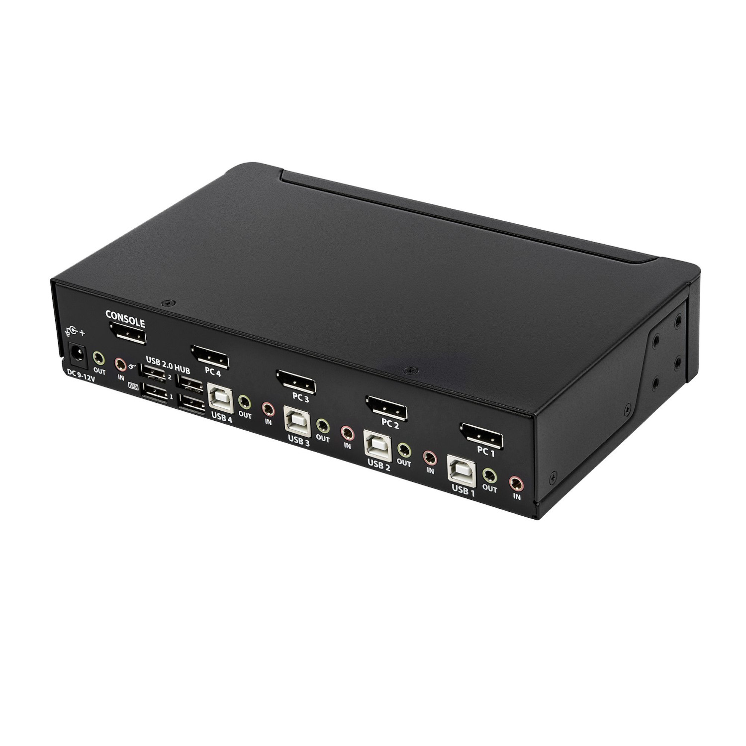 Dispositivo switch KVM nero con porte console, USB e PC etichettate.