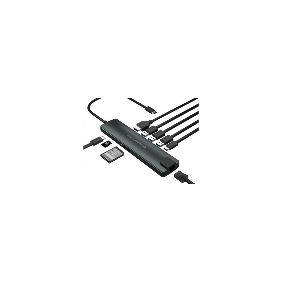 Dunkelgrauer USB-C-Hub mit mehreren Anschlüssen und Kabeln sowie SD- und microSD-Karten.
