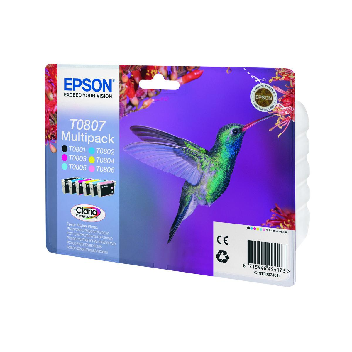 Cartouches d'encre multipack Epson T0807 avec un colibri sur le devant.