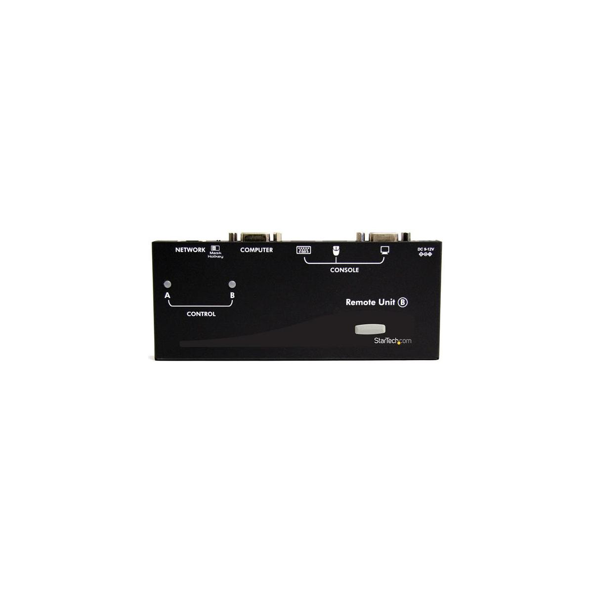Schwarze StarTech Remote Unit mit Anschlüssen für Netzwerk, Computer, Konsole und DC 9-12V.