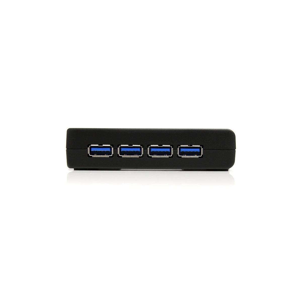 Hub USB noir avec quatre ports bleus sur fond blanc.