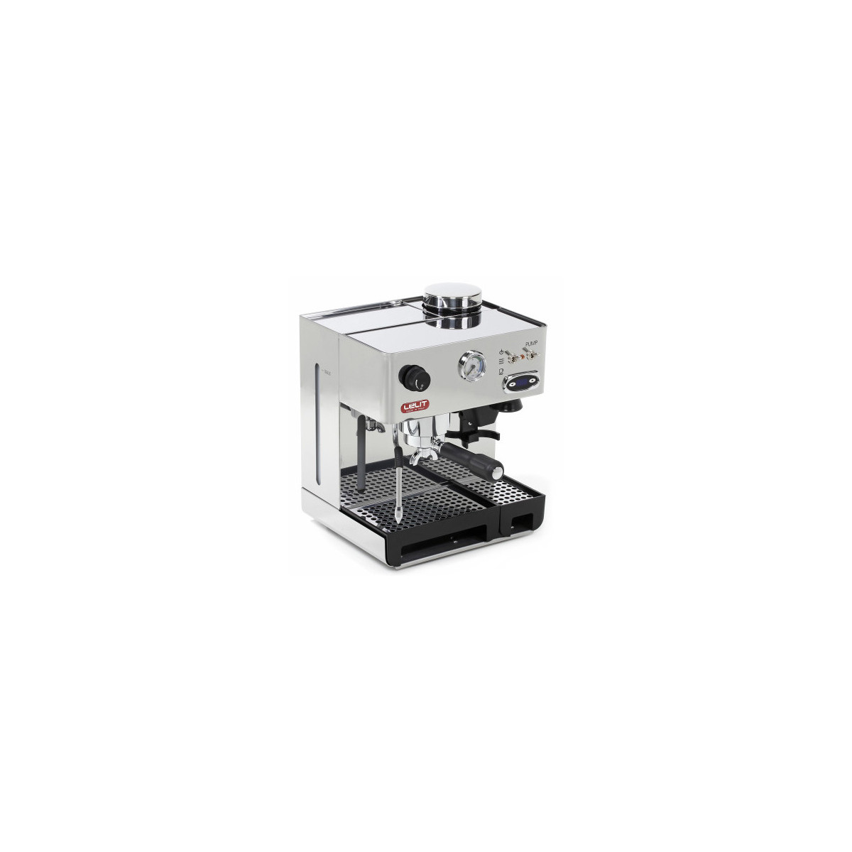 Eine silberne Espressomaschine mit schwarzem Griff und Abtropfschale.