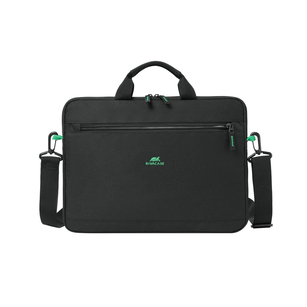 Borsa nera per laptop con accenti verdi e logo RIVACASE.