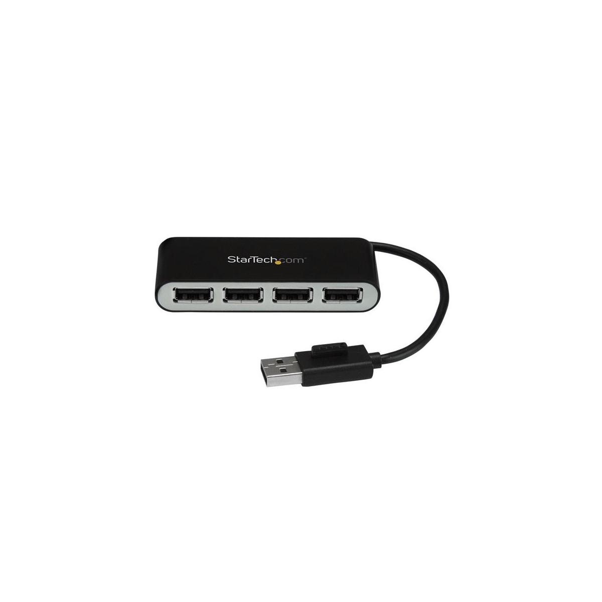 Un hub USB nero con quattro porte e un cavo.