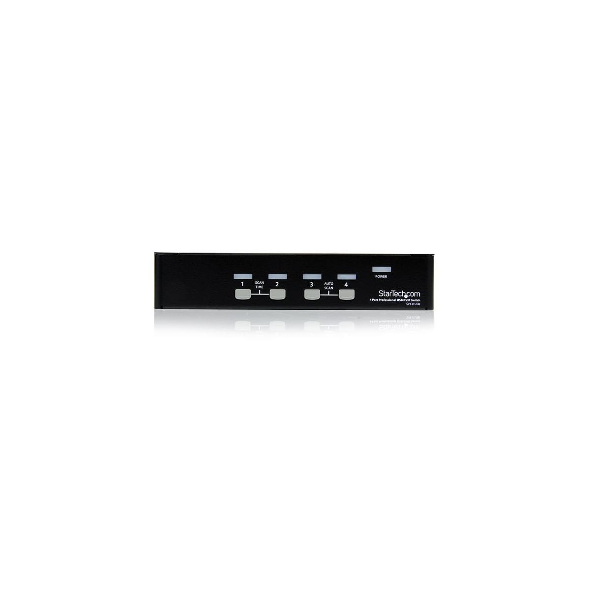 Zwarte StarTech.com 4-poorts USB KVM-switch met knoppen 1, 2, 3, 4, Scan Time, Auto Scan en Power.