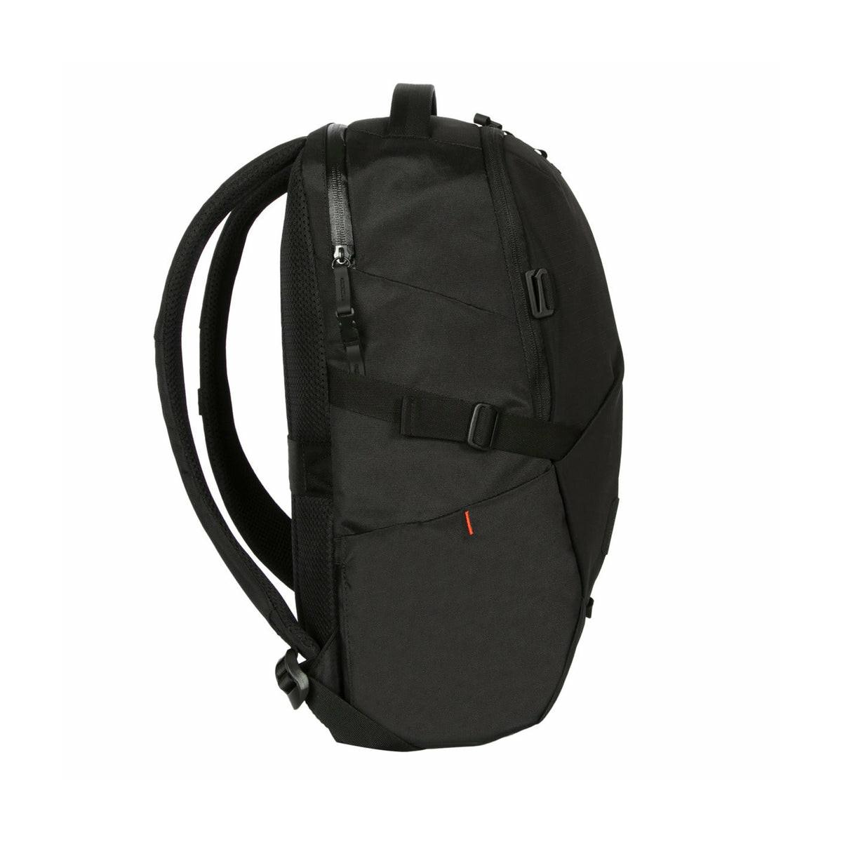 Schwarzer Rucksack mit verstellbaren Trägern und Reißverschlusstaschen.