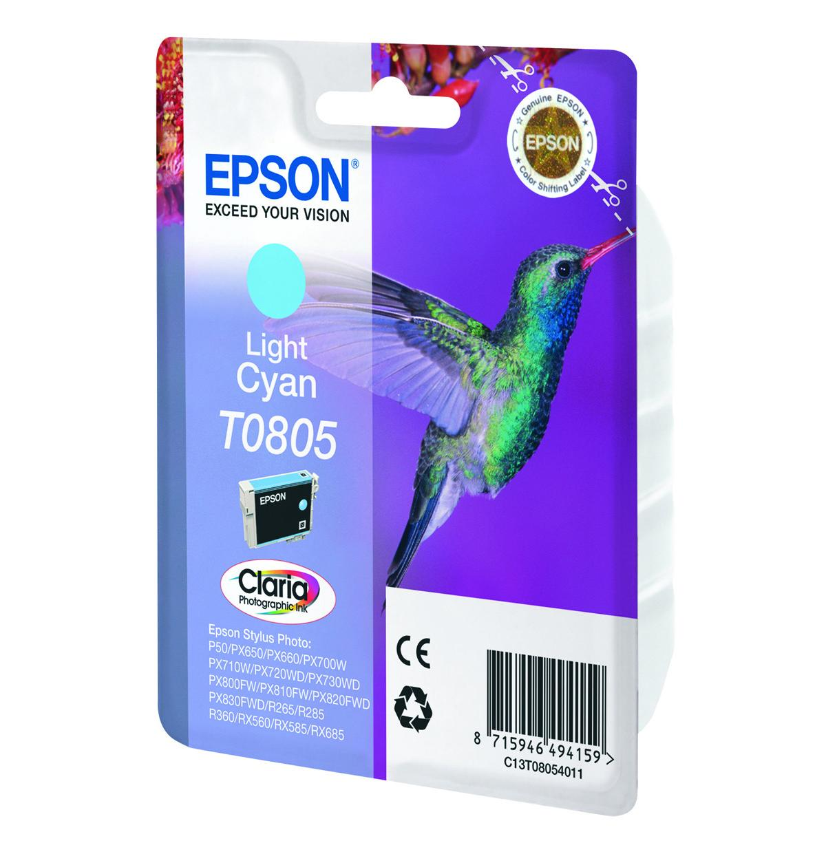 Epson Light Cyan T0805 inktcartridge met kolibrie design, CE-keurmerk.