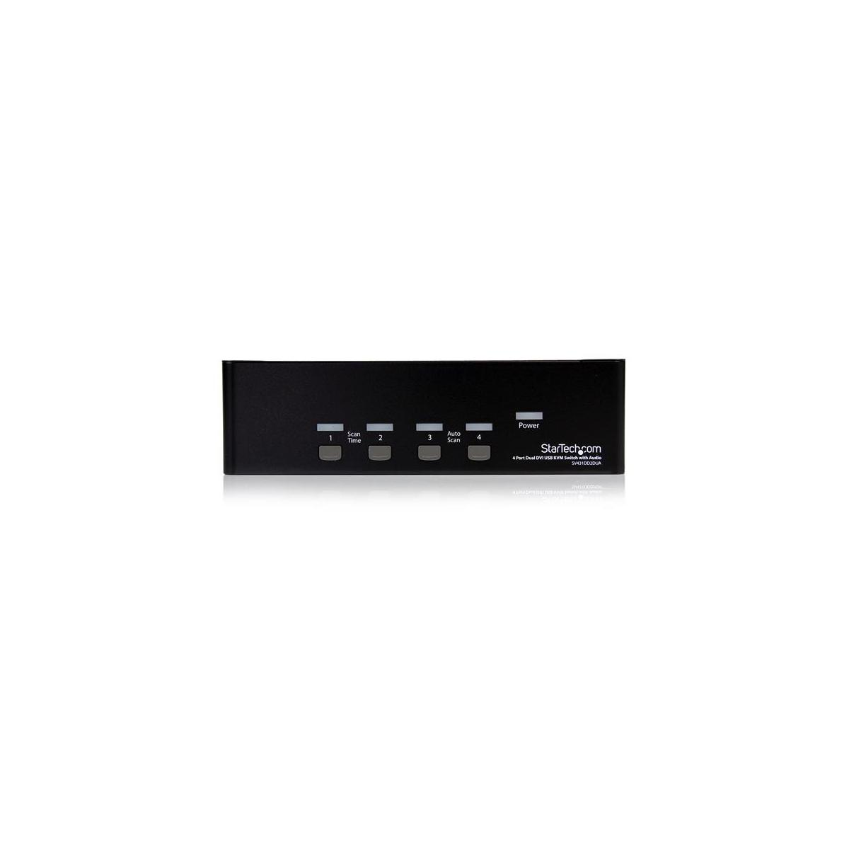 Switch KVM nero a 4 porte con pulsanti e indicatore di accensione.