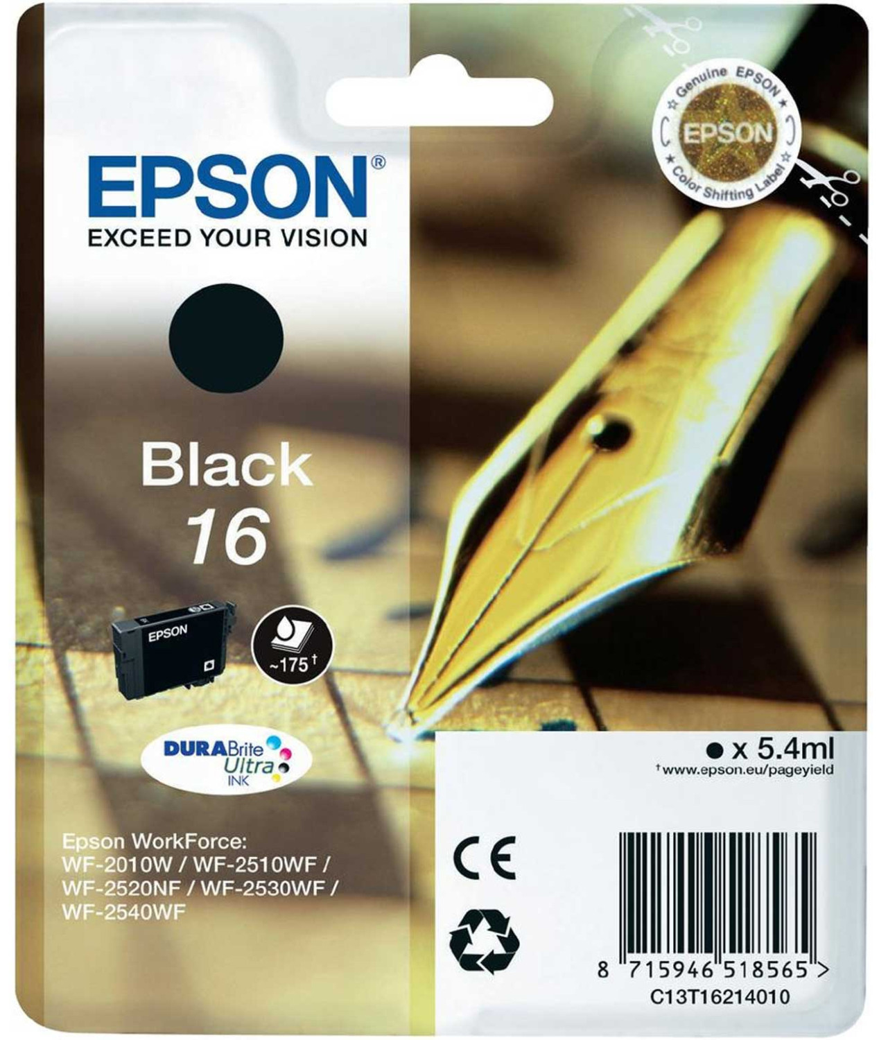 Epson Schwarz 16 Tintenpatronenverpackung mit Grafik einer Füllhaltersptze.