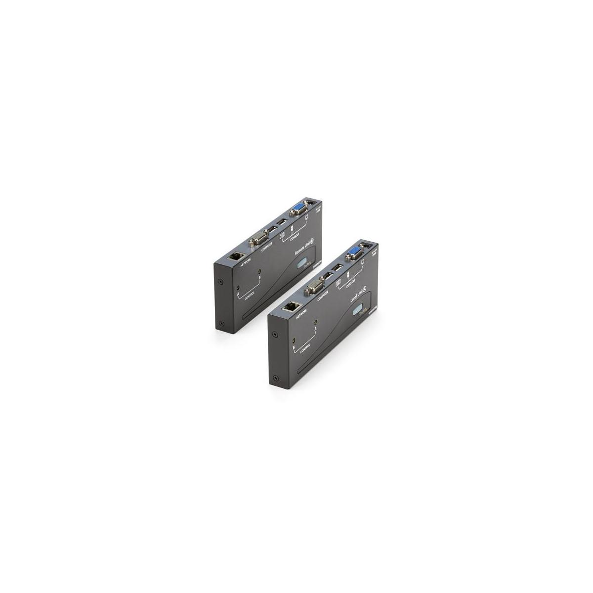 Twee zwarte KVM-extender units met poorten en labels.