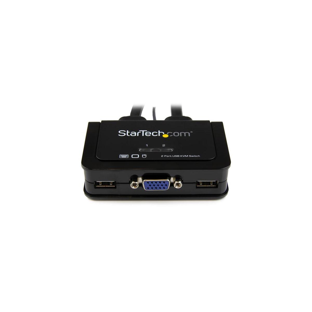 Switch KVM USB negro de 2 puertos con VGA y puertos USB.