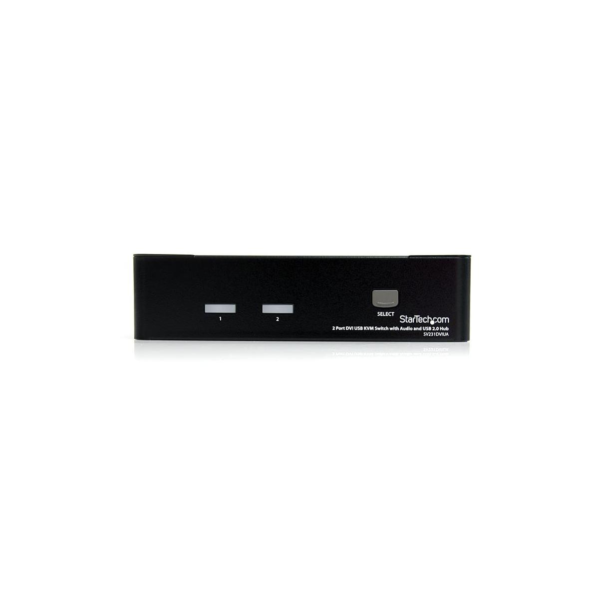 Zwarte KVM-switch met labels 1, 2, SELECT en StarTech.com logo.