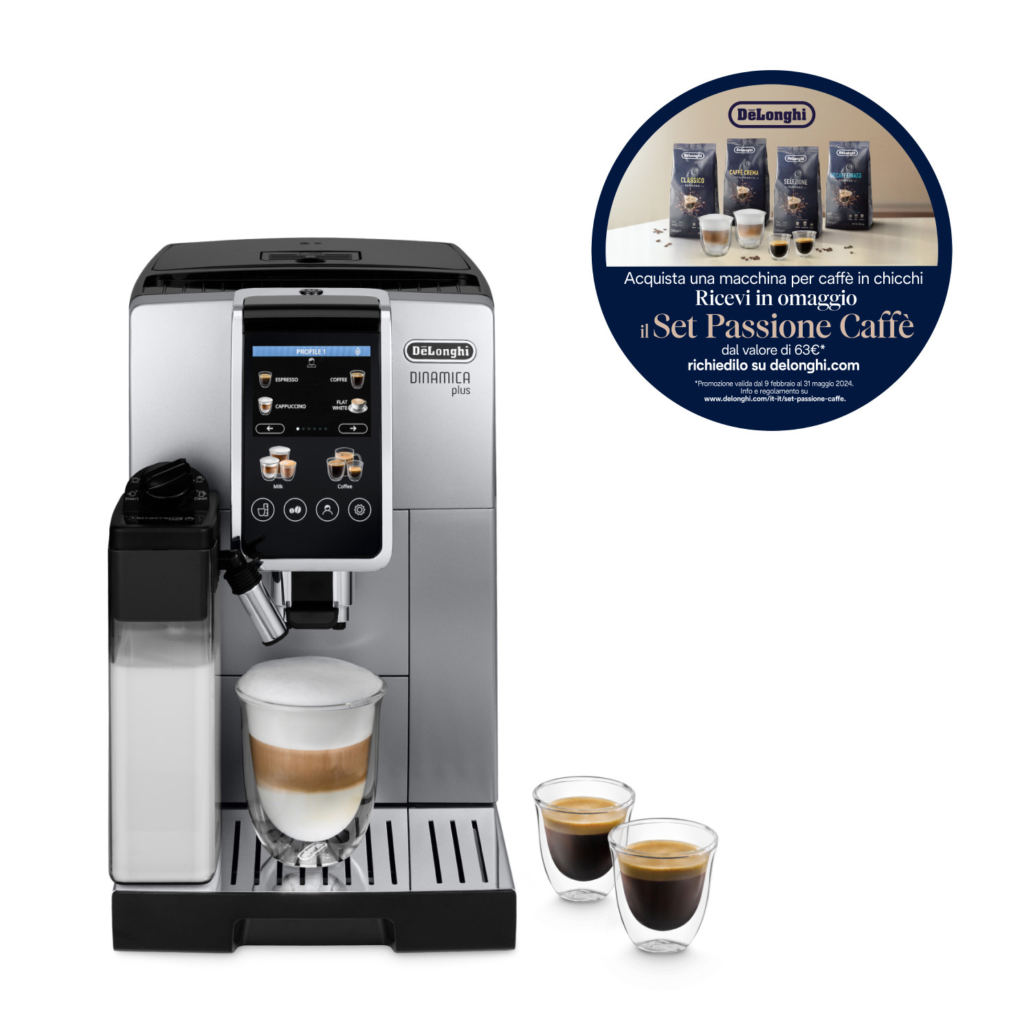 Cafetera DeLonghi con jarra de leche, latte macchiato y dos espressos.