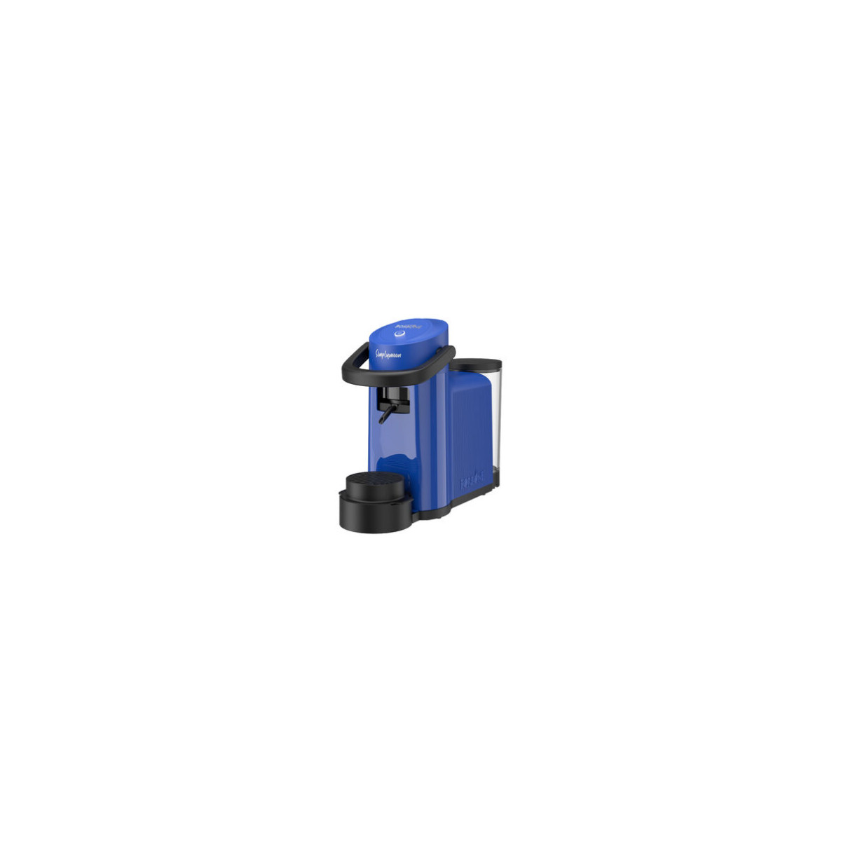 Eine blaue Kapselkaffeemaschine mit schwarzem Tropfbehälter und Wasserbehälter.