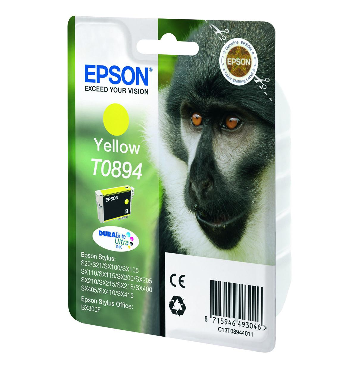 Confezione cartuccia inchiostro gialla Epson T0894 con volto di scimmia a destra.