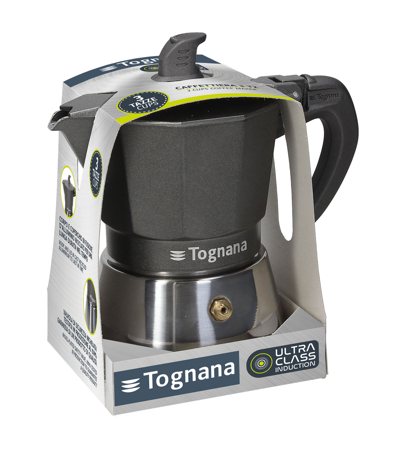 Graue Tognana Espressokanne für 3 Tassen im Karton, mit Text.