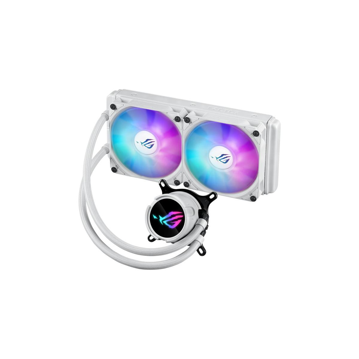 A white CPU cooler with two fans and RGB lighting.