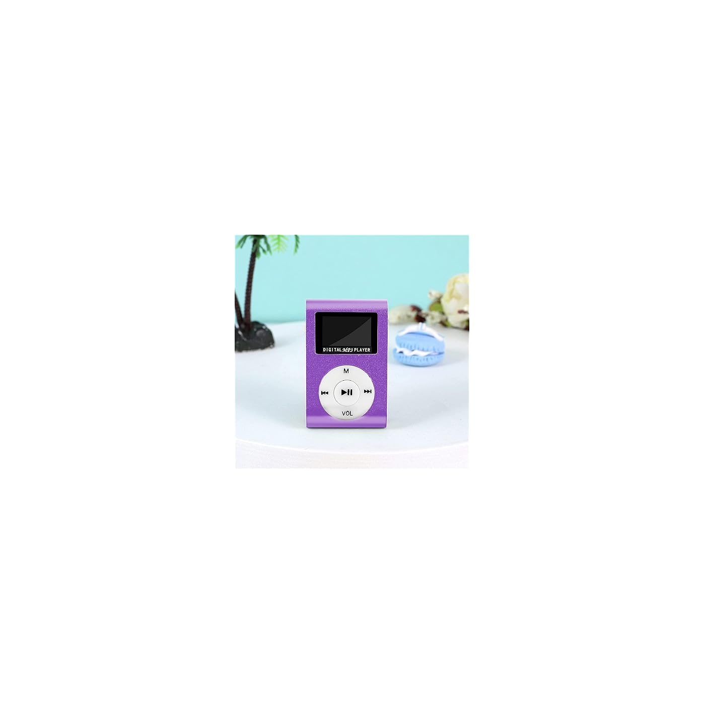 Ein violetter MP3-Player mit schwarzem Bildschirm und Bedienelementen.
