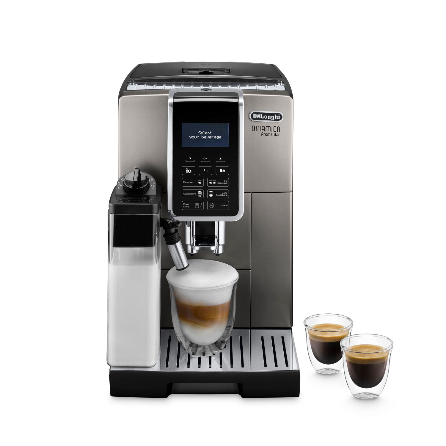 Una macchina da caffè DeLonghi Dinamica con caraffa del latte e due tazzine.