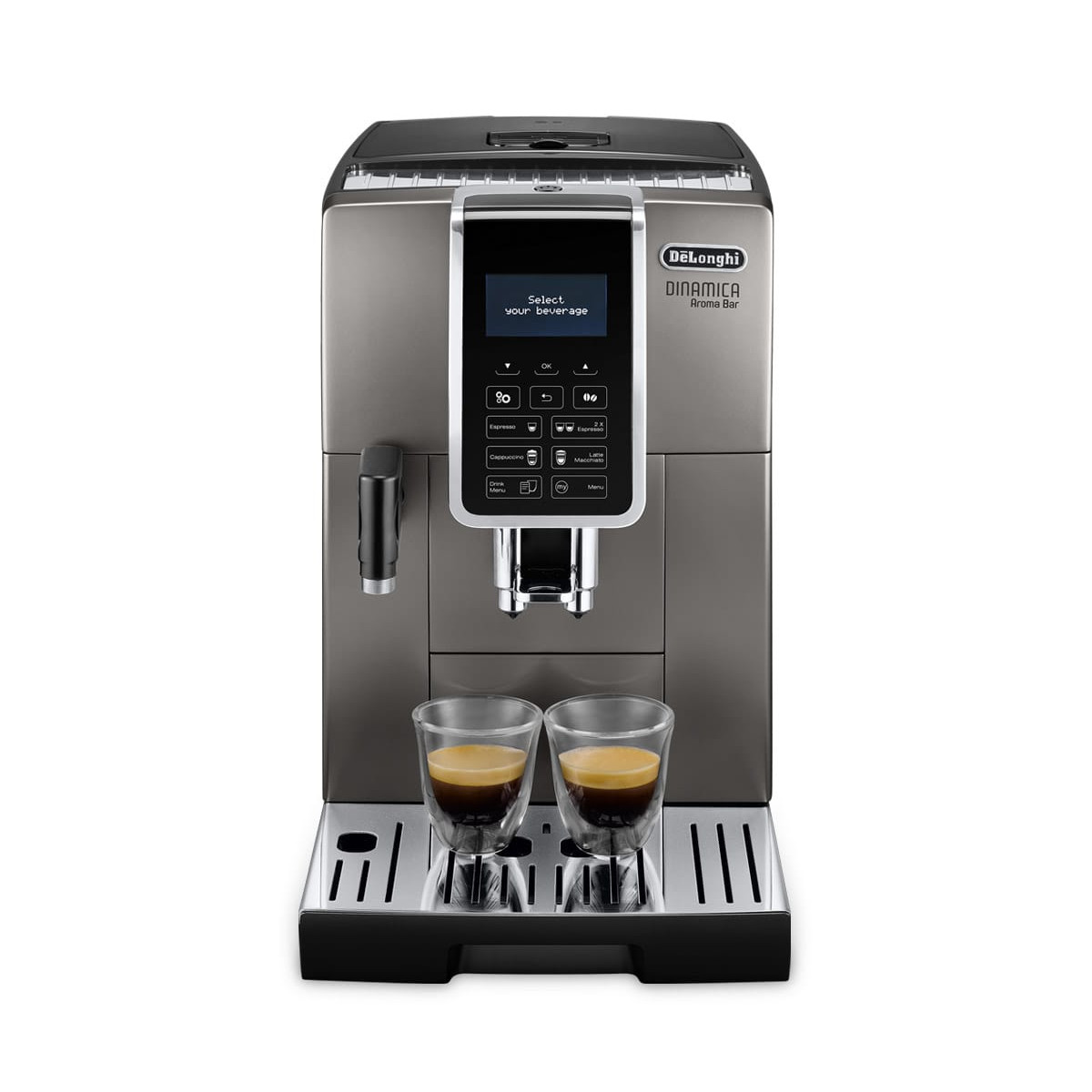 Una macchina da caffè DeLonghi grigia con due bicchieri da espresso in primo piano.
