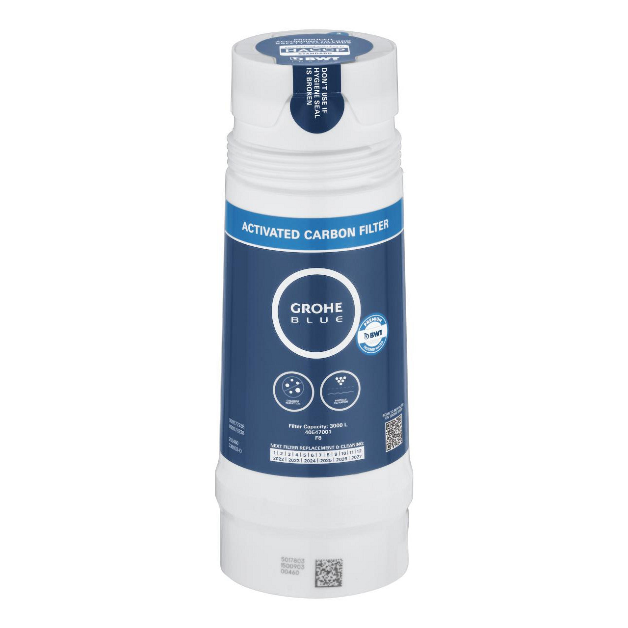 Blauer Aktivkohlefilter von Grohe Blue mit Warnhinweis und QR-Code.